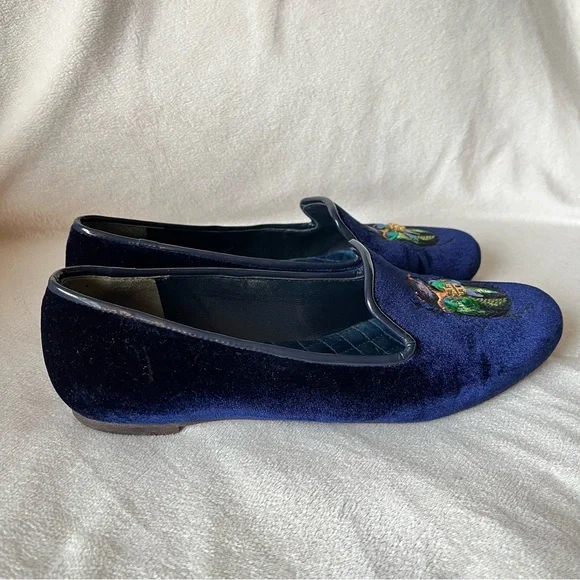 Tory Burch Easton Blue Velvet Loafers Embroidered Beetle Fairycore Regal Sz 6.5 - Picture 5 of 12